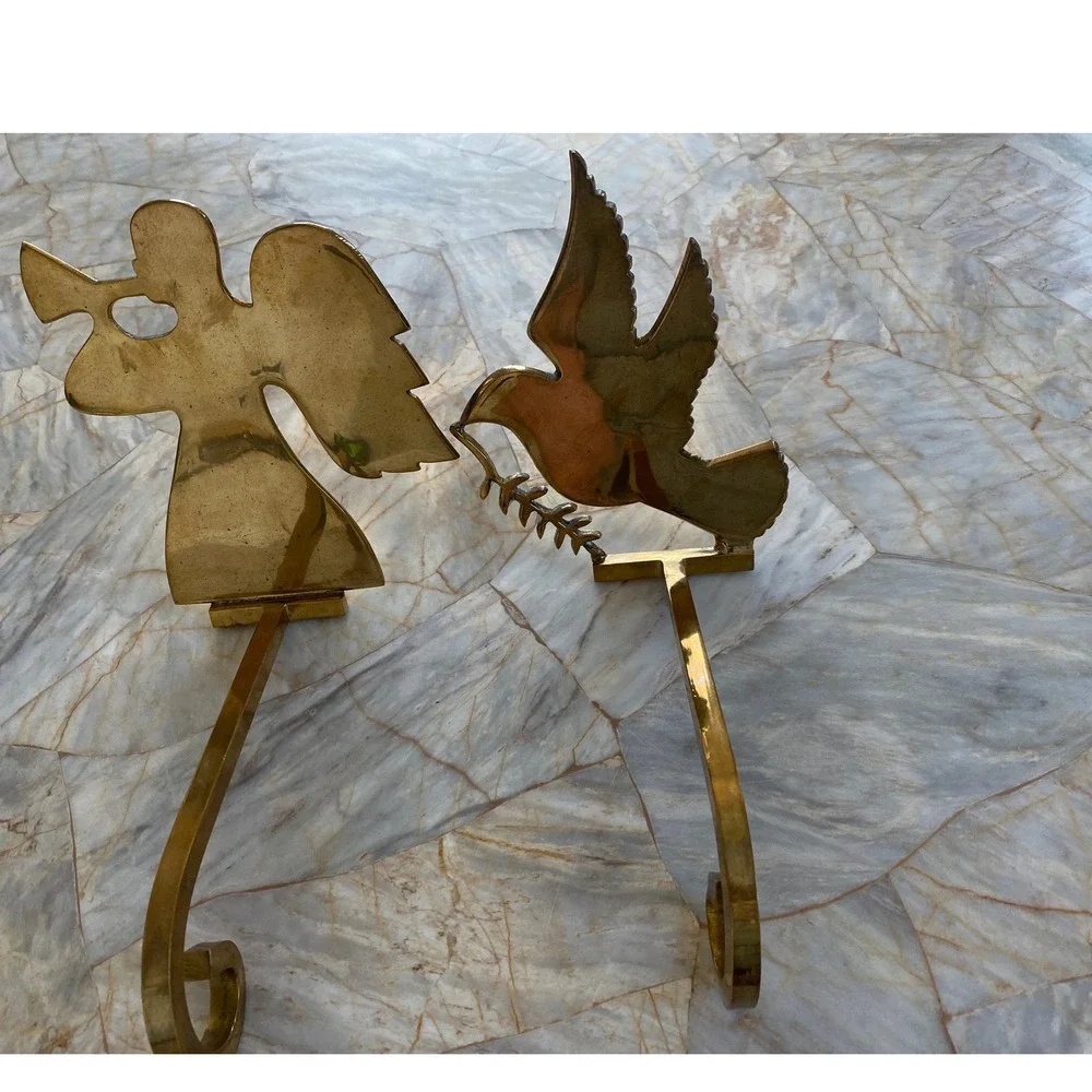 Vintage Solid Brass Christmas Stocking Holders Set of 2 Angel and Dove Gold